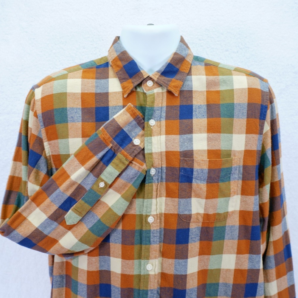 J. Crew -Medium-‎ Classic Orange Blue 100% Cotton Button Up Flannel Check Pocket